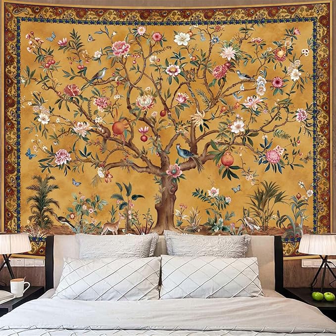 Faxdong Boho Tree of LIfe Tapestry, Vintage Flower Leaves Birds Plant Animal Pattern Tapestries, Retro Indian Bohemian Aesthetic Wall Hanging Orange Yellow 60×80 inch