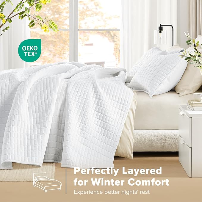 Comfort Spaces White Oversized King Quilt Set 120"x118" Bedspread Quilted Summer Lightweight Microfiber Bedding Coverlet with Double Sided Stitching Soft All Season Cozy 3 Piece with Matching Shams