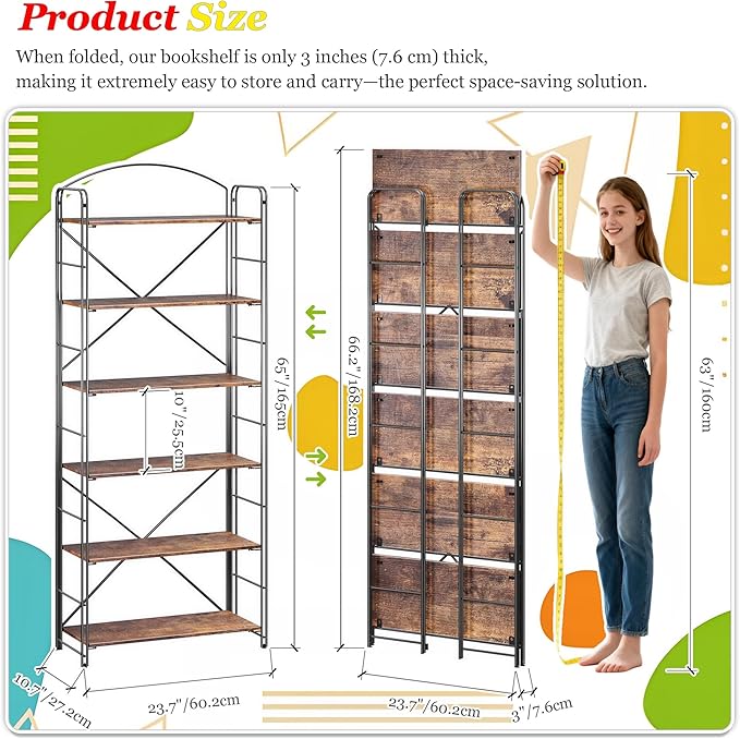 UDD Folding Bookshelf No Assembly, 65"H x 23.7"W, 6 Shelf Foldable Bookcase Industrial Collapsible Bookshelves, Open Storage Book Shelves for Small Spaces Home Office Living Room, Rustic Brown Black