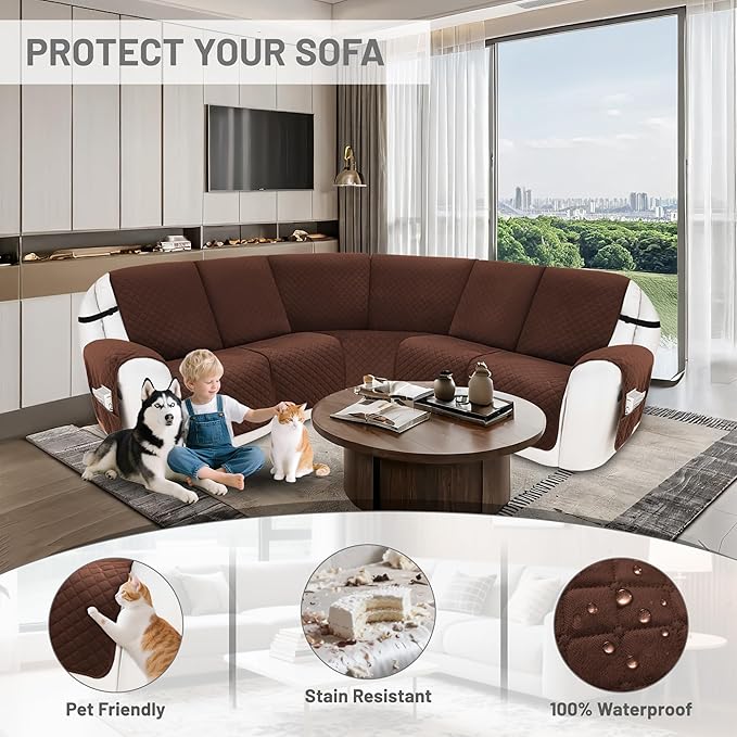 Reclining Sectional Couch Covers 100% Waterproof Recliner Cover Washable Velvet L Shape Recliner Sofa Cover for Dogs Pets Anti Slip Recliner Slipcovers with Pockets (5 Seat Sofa, Dark Coffee)