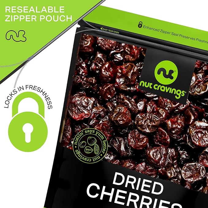 NUT CRAVINGS - Dried Sour Tart Cherries, Lightly Sweetened, Unsulphured (6oz, 1 Pack) Tu Bishvat Favorite - Sweet Healthy Snack, Vegan, Kosher, Resealable Bag