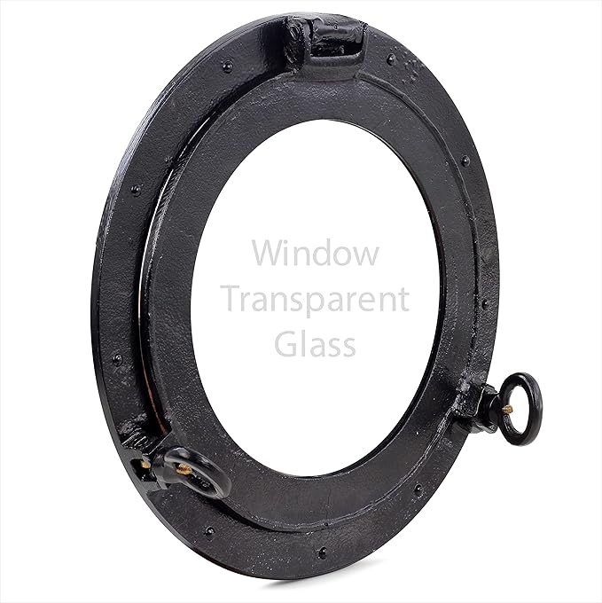 Nagina International Deep Black Round & Circular Porthole Window With Transparent Glass | Vintage Handcrafted Wall Pediments & Sculptures | Maritime Boat Decor | Grooved Secondary Frame Design (17 Inches)