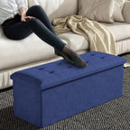 MoNiBloom 43 Inches Folding Storage Ottoman Bench, Storage Chest, Padded Seat, End of Bed Bench, Linen Fabric Ottoman Footrest for Living Room, Bedroom, Entryway, Navy Blue