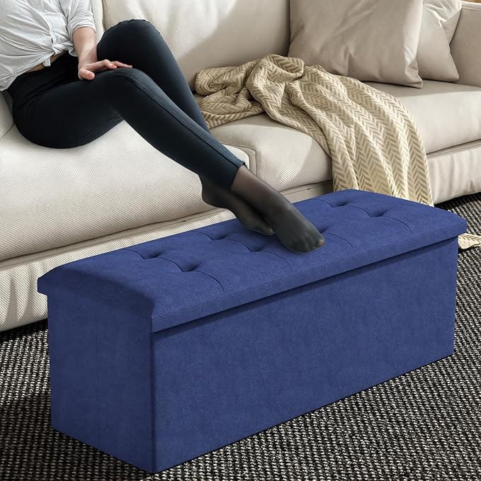 MoNiBloom 43 Inches Folding Storage Ottoman Bench, Storage Chest, Padded Seat, End of Bed Bench, Linen Fabric Ottoman Footrest for Living Room, Bedroom, Entryway, Navy Blue