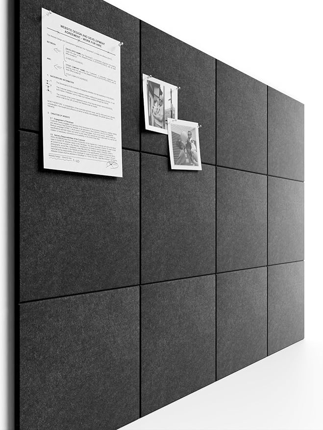 Bumusty Large Cork Board 48" x 36" Alternative - 12 Pack Felt Wall Tiles with 70 Safe Removable Adhesive Tabs, 30 Pushpins, Cork Boards for Walls Pin Board Bulletin Board Office Decor (Charcoal Gray)