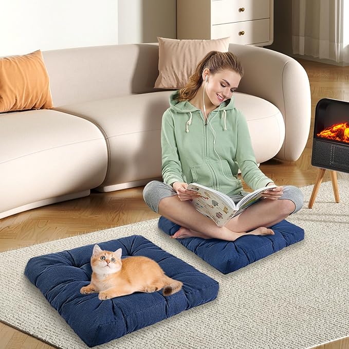 Meditation Floor Cushions Set of 2, Thickened Floor Pillow for Adults, Large Square Pillows Seat Cushion for Tatami Living Room Yoga, Memory Sponge Block Added, 22x22 Inch, Drak Blue