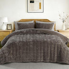 Oversized King Greek Velvet Quilt Set, 3× Softer Luxe Sheen, 100% Cotton Backing, 150GSM Down-Alternative Fill, Extra-Wide 112×106" Hotel-Style Luxury Coverage (1 Quilt + 2 Pillow Shams), Fossil