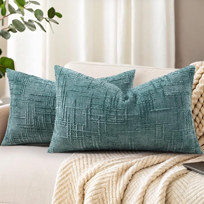 decorUhome Spring Teal Chenille Throw Pillow Covers 12x20 Set of 2 Textured Soft Cozy Slubby Couch Pillow Covers Modern Farmhouse Boho Decorative Pillow Cases for Bed Sofa Living Room