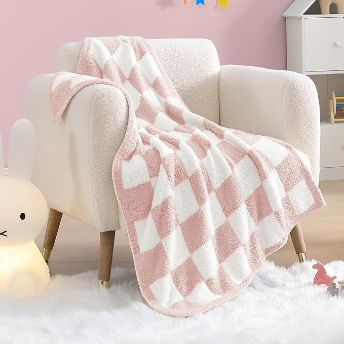 WRENSONGE Checkered Throw Blanket, Pink Soft Cozy Fluffy Warm Hand Made Throw Blankets for Couch, Sofa, Chair, Bed, Camping, Picnic, Travel Lightweight Bed Blanket - 30"*40"