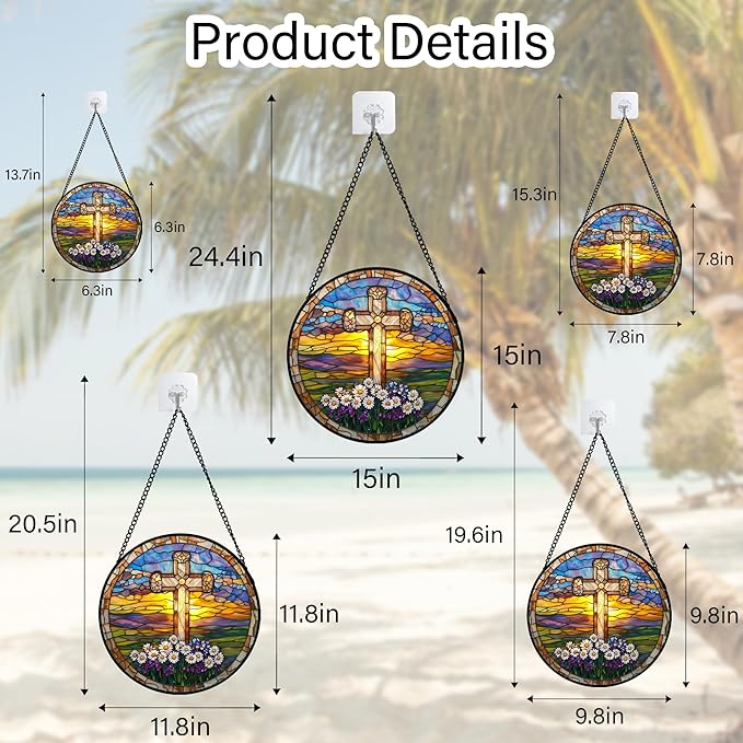 Christian Gifts for Women - Cross Stained Glass Window Hanging Jesus Easter Daisy Grassland Sunset Sun Catcher Garden Religion Decor Mother's Day Catholic Gift for Men Grandma Nana Her 15"