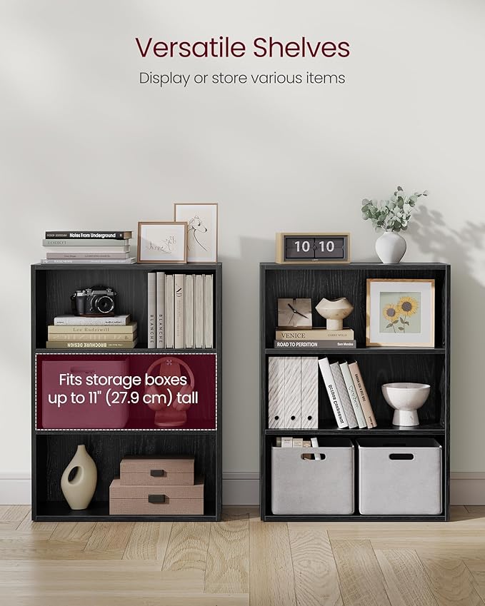 VASAGLE Set of 2 Bookshelves, 23.6 Inches Wide, 3-Tier Open Bookcases with Adjustable Storage Shelves, Floor Standing Units, Ebony Black ULBC163T56-2