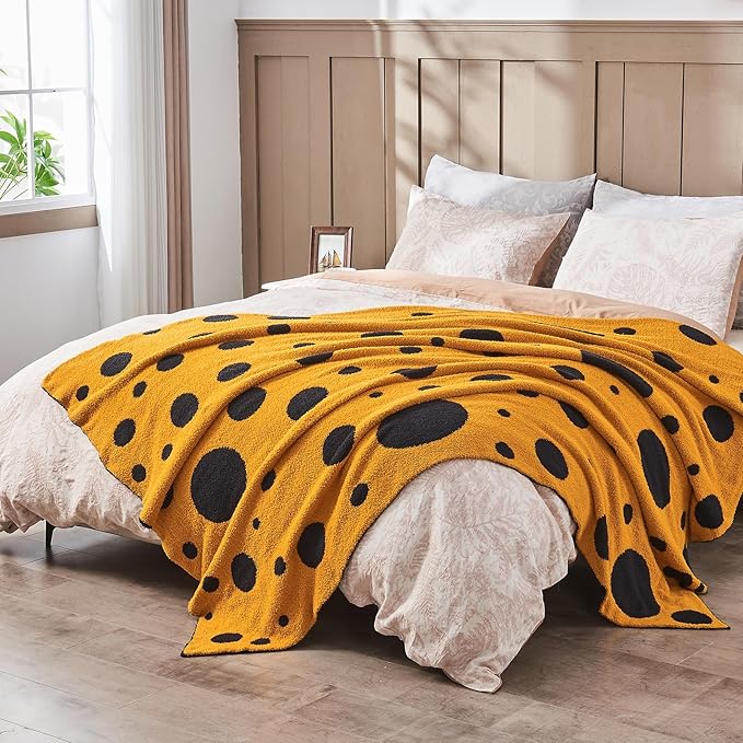 CozeCube Super Soft Fullfy Microfiber Reversible Knitted Blankets, Warm Cozy Fuzzy Plush Throw, Black and Yellow Polka Dot Throw Blanket for Couch Bed Sofa, 60" x 80"