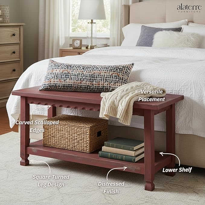 Country Cottage Rustic Farmhouse Bench – 36” Solid Wood Entryway Seat with Storage Shelf for Hallway, Mudroom, or Living Room Accent by Alaterre Furniture (Distressed Antique Red Finish)
