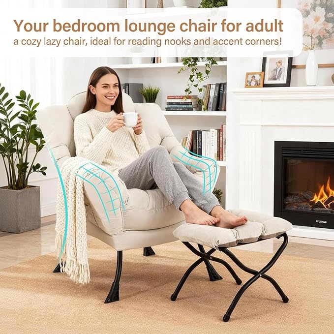 Lazy Chair with Ottoman, Modern Accent Chair with Lumbar Pillow, Beige Sofa, Lounge Chairs with Folding Footrest, Oversized Supportive Chairs for Bedroom, Reading