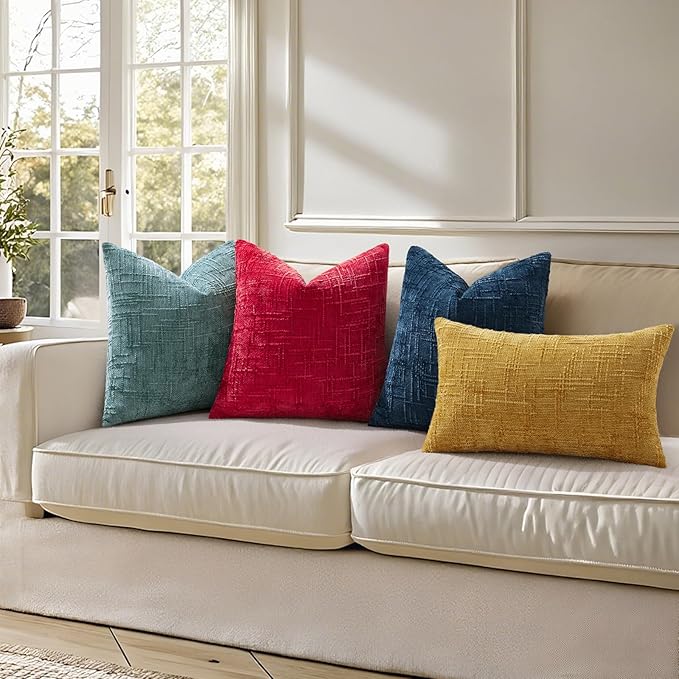 decorUhome Spring Red Chenille Throw Pillow Covers 18x18 Set of 2 Textured Soft Cozy Slubby Couch Pillow Covers Modern Farmhouse Boho Decorative Pillow Cases for Bed Sofa Living Room