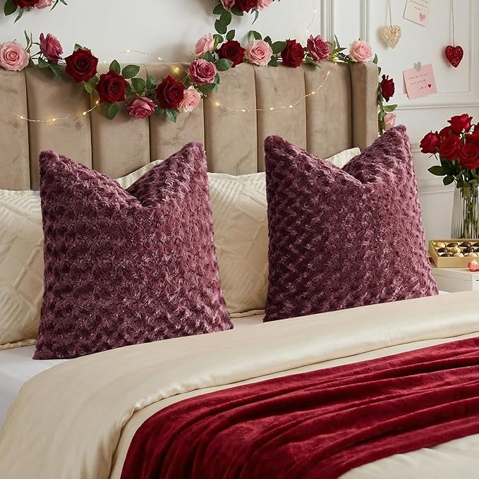 FUTEI Burgundy Decorative Throw Pillow Covers 22x22 Inch Set of 2,Soft Solid Rose Swirl Textured Cushion Case,Valentine's Day Decor for Couch Living Room