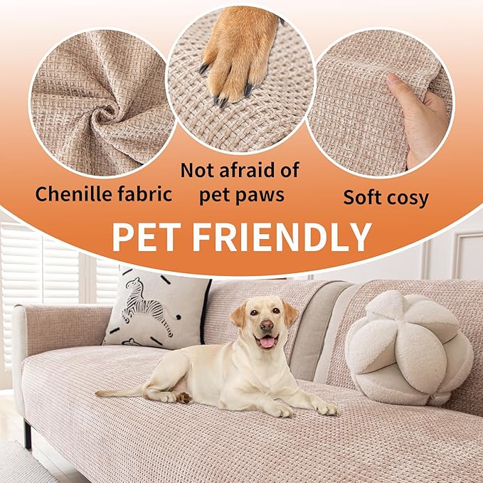HAOMAIJIA Pet Couch Covers for Sofa Waterproof Couch Cover for Dogs Chenille Non Slip Sofa Covers Washable for 3 Cushion Couch Furniture Protector (Khaki, 36.5" x 82" 1 Pack)