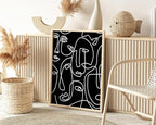 Abstract Face Pattern Wall Art Black Background White Continuous Line Drawing 24x36 Inch Oak Wood Beige Framed Modern Diverse Portrait for Living Room Decor