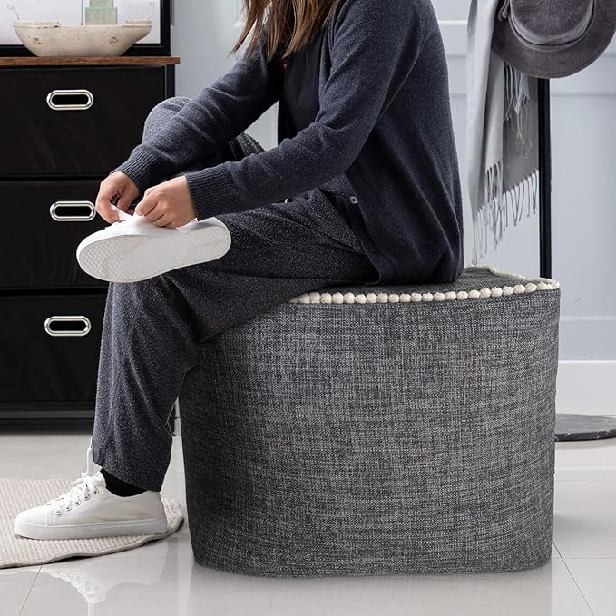 Louis Donné Geometric Unstuffed Pouf Cover Cotton Poufs with White Piping Contact Stiching Footstool Rest Soft Handwoven 17x17in Bean Bag Chair for Room Seating Home Decor ONLY Cover(Dark Grey)