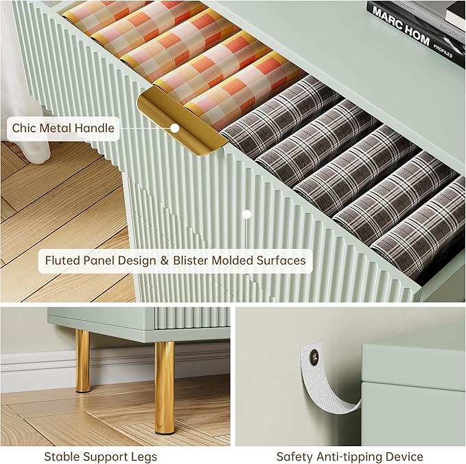 GarveeHome Green Dresser, Modern 5 Drawer Dresser for Bedroom with Gold Handle and Large Drawer, Wood Double Chest of Drawers and Storage Organizer for Living Room, Hallway, Entryway