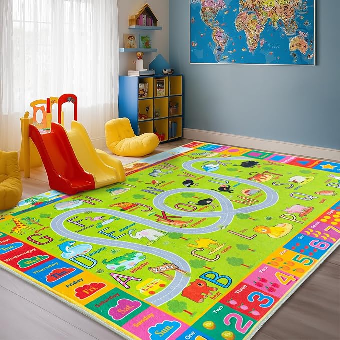 Kids Rugs Playmat for Bedroom Kids Room, Educational ABC Rug for Classroom, Non-Slip Washable Playroom Carpet for Boys Girls, Zoo Road Play Mat, 4x5 Green