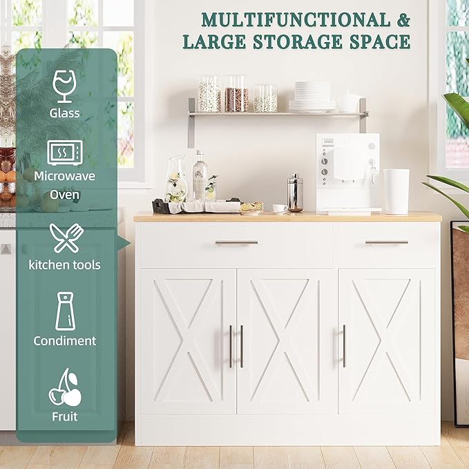 Shintenchi Modern Farmhouse Sideboard Buffet Cabinet with Storage with 3 Doors,42" Barn Doors Buffet Cabinet with Storage, Wood Coffee Bar Cabinets with Adjustable Shelf for Kitchen Living Room,White
