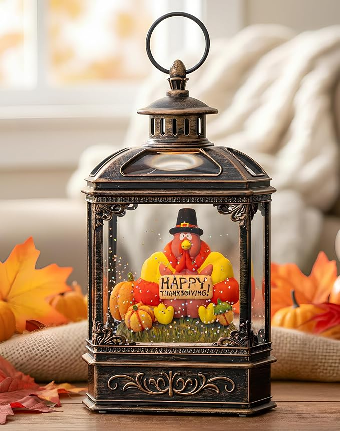 Fall Snow Globe Lantern -Thanksgiving Turkey with Pumpkins Spinning Water Lantern with Swirling Glitter Fall Decorations for Home, Thanksgiving, Autumn Harvest Fall Decor