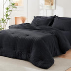 HYMOKEGE Black Queen Comforter Set Seersucker 7 Pieces, All Season Luxury Bed in a Bag for Bedroom, Bedding Set with Comforters, Sheets, Pillowcases & Shams