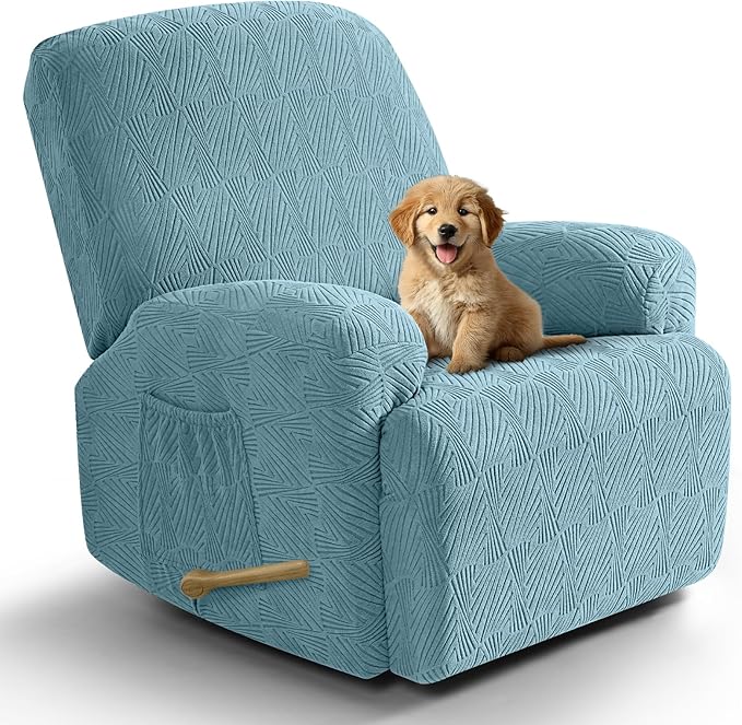 VANSOFY Oversized Recliner Chair Covers, 4-Pieces Stretch Recliner Cover Jacquard Soft Reclining Chair Slipcover Furniture Protector with Elastic Bottom for Lazy Boy Recliner(Light Blue)