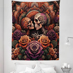 Ambesonne Hippie Tapestry Twin Size, Mystic Rose Flowers and Oriental Mandala Skeleton Lovers Goth Art Skulls, Wall Hanging Bedspread Bed Cover Wall Decor, 68" X 88", Vermilion Dark Magenta