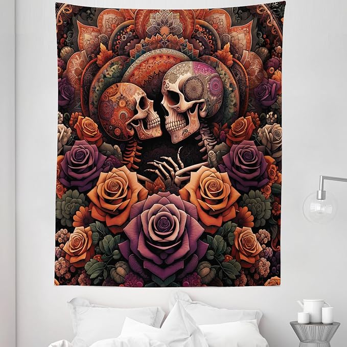 Ambesonne Hippie Tapestry Twin Size, Mystic Rose Flowers and Oriental Mandala Skeleton Lovers Goth Art Skulls, Wall Hanging Bedspread Bed Cover Wall Decor, 68" X 88", Vermilion Dark Magenta