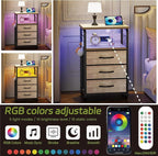 Bed Side Table with 3 Fabric Drawers, Night Stand with Charging Station, LED Nightstand with Hooks, Bedside Table End Tables with Storage, Night Tables for Living Room, Bedroom (Beige)
