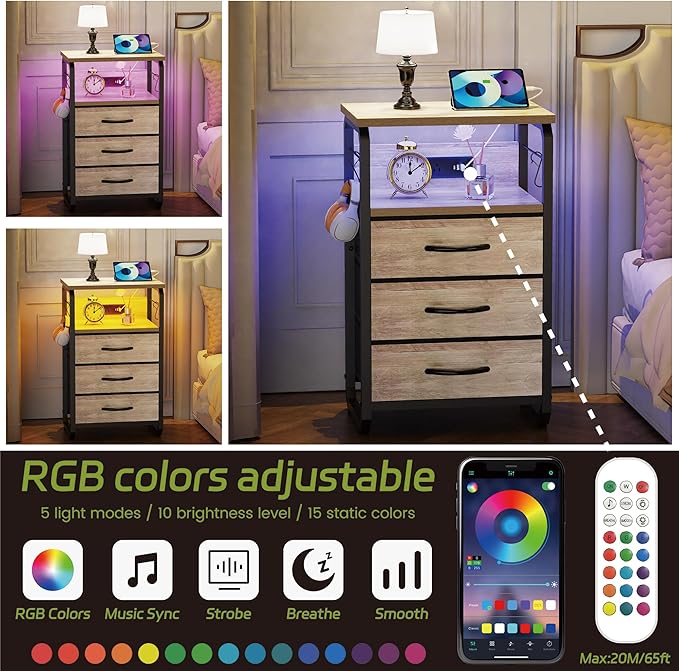 Bed Side Table with 3 Fabric Drawers, Night Stand with Charging Station, LED Nightstand with Hooks, Bedside Table End Tables with Storage, Night Tables for Living Room, Bedroom (Beige)