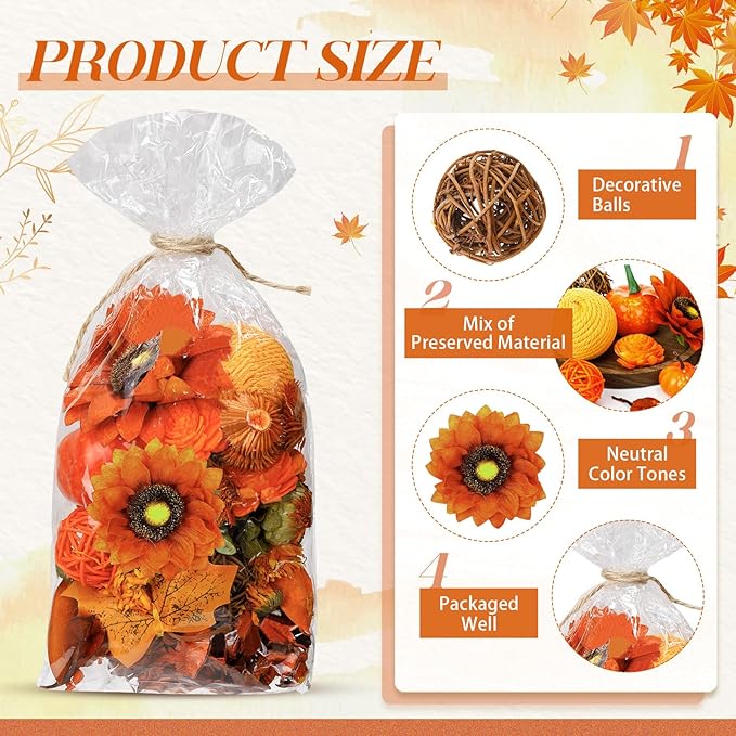 Nuanchu 140 Pcs Fall Potpourri Bags Potpourri Bowl Filler Decor Decorative Balls Vase Bowl Filler Assorted Dried Flowers Rattan Wicker Balls for Home Decor Centerpiece, No Scent