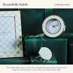 MACKENZIE-CHILDS Silver-Plated Round Desk Clock, Decorative Clock for Living Room, Kitchen, or Office, Gray-and-White Sterling Check