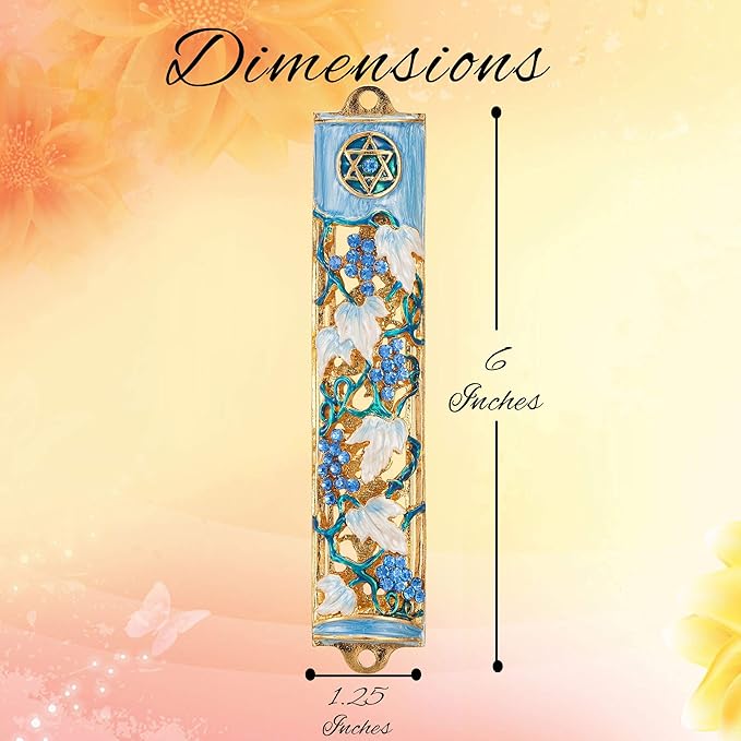 Matashi Hand Painted Blue and Ivory Enamel Grape Mezuzah Embellished with Gold Accents and Crystals Home Door Wall Decor Housewarming Present Gift for Festival (6 inch)