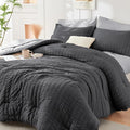 HYMOKEGE Dark Grey/Light Grey Queen Comforter Set Seersucker 7 Pieces, All Season Luxury Bed in a Bag Queen for Bedroom, Bedding Set with Comforter, Sheets, Pillowcases & Shams