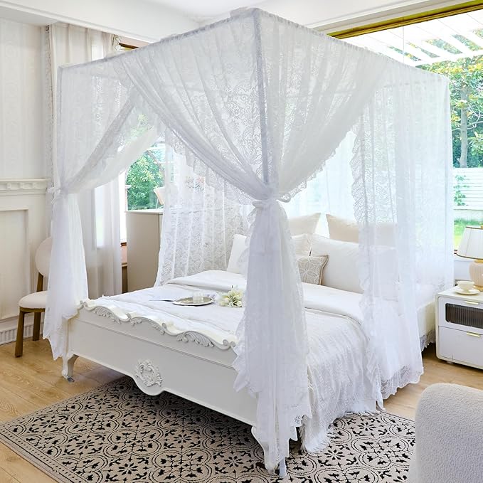 AIKASY Elegant Lace Princess 4-Poster Bed Canopy Mosquito Net - Romantic Wedding Bridal Bedroom Decor, Kids Room Bed Curtain for Women Adults - (White-3,Full)