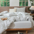 MooMee Gingham Duvet Cover Set 100% Washed Cotton Linen Like Textured Breathable Durable Soft Comfy Modern Checkered Design (Northern Droplet Grey Gingham, Palatial King/Oversized King 120"x98")