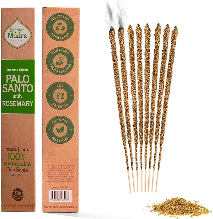 Sagrada Madre 8pcs Wildly Harvested Thick Palo Santo Incense Sticks (Rosemary), 9” Long - Eco Friendly, Non-Toxic, Aromatic Incense Sticks (1hr Burning Time) to Heal & Calm Your Body and Environment