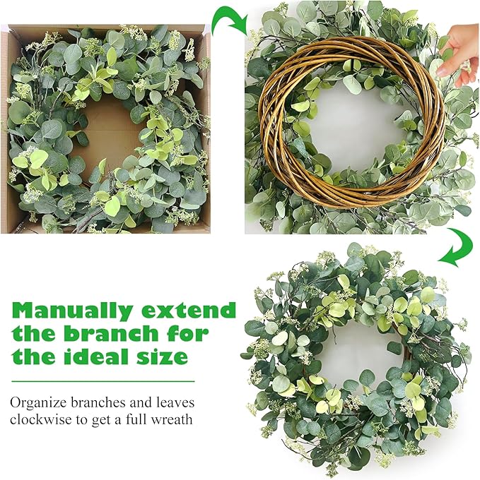 24 Inch Spring Wreath for Front Door, Spring Eucalyptus Wreath for Grapevine Farmhouse with Silk Printing Dollar Leaves Wreaths for Festival Celebration Front Door Wall Window Home Décor