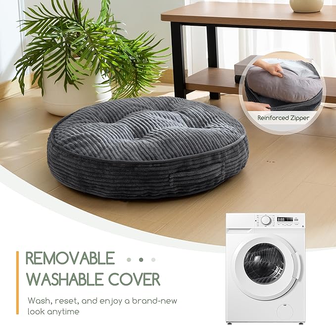 HIGOGOGO Washable Floor Pillow Cushion for Adults, Meditation Cushion Pillow, Large Round Floor Sitting, Removable Tufted Corduroy Cover, for Tatami Living Room or Yoga, 22x22 Inch, Machine Washable