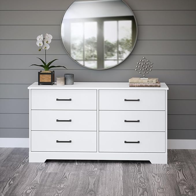 Prepac Rustic Ridge Farmhouse 6-Drawer Double Dresser, White Dresser for Bedroom, Chest of Drawers with 6 Storage Drawers, 53.25” wide x 18.25” deep x 28.5” tall, White