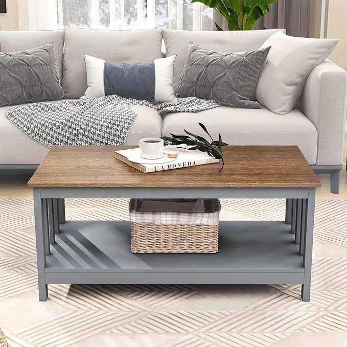 ChooChoo Grey Coffee Table, Coffee Table with Shelf for Living Room, 40 Inch