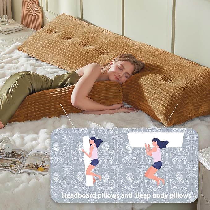 Headboard Wedge Pillow + A Long Neck Roll Pillow Body Pillow，Large Headboard Pillow with Removable Cover (Brown, Twin：39x8x20 inches)