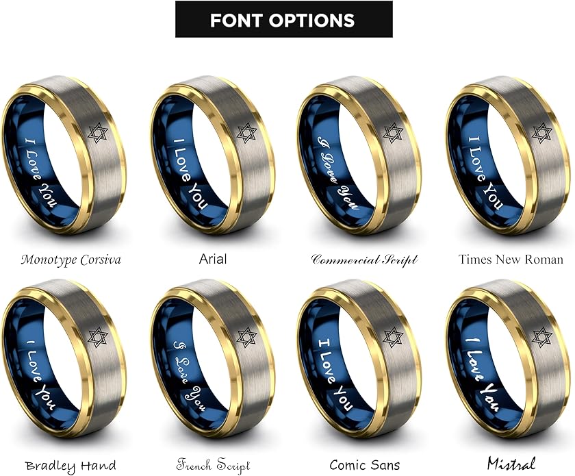 Mezuzah star Of David Ring - Gift for Jewish Family - Flat Dome Bevel - 8mm - Men Women - Yellow Gold Black Silver Blue - Anniversary Wedding - Personalized Custom Engraving - Band - Brushed Polished