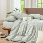 MooMee Striped Duvet Cover Set 100% Washed Cotton Linen Like Textured Breathable Durable Soft Comfy (Sage Green White Pinstripes, Queen 90"x90")