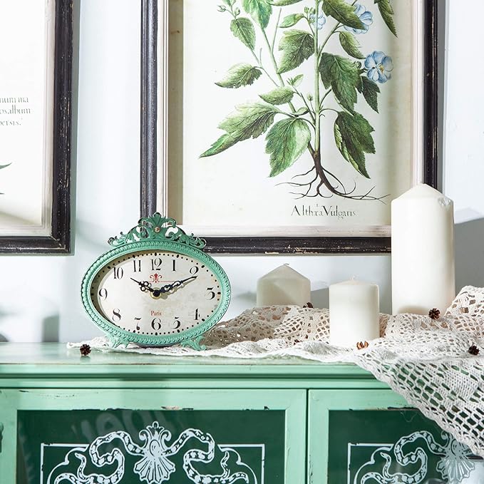 NIKKY HOME Vintage Table Clock, French Turquoise Color Rococo Style Desk Clock Battery Operated Rustic Design, Home Décor for Living Room, Bedroom, Bedside, Desk, Gift Clock - Distressed Green