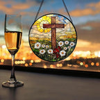 Christian Gifts for Women - Cross Stained Glass Window Hanging Easter Golden Sun Daisy Floral Sun Catcher Garden Religion Decor Mother's Day Catholic Gift for Men Grandma Nana Her 9.8"