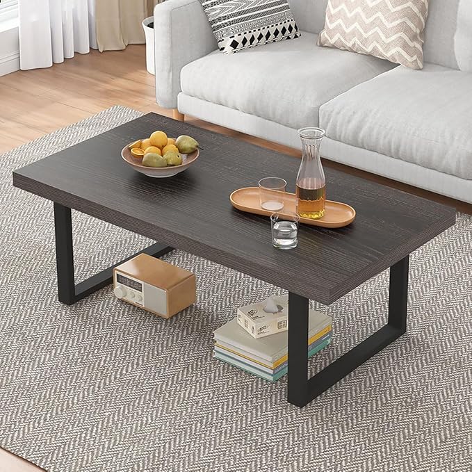 IBF Rustic Coffee Table, Wood and Metal Simple Industrial Modern Center Table, Minimalist Rectangle Wooden Farmhouse Cocktail Table for Living Room, Dark Gray Oak, 47 Inch